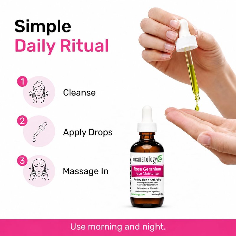 Organic Rose Geranium Facial Moisturizer - Anti-Aging Hydration for Dry & Sensitive Skin | Vegan & Cruelty-Free | 2 fl oz