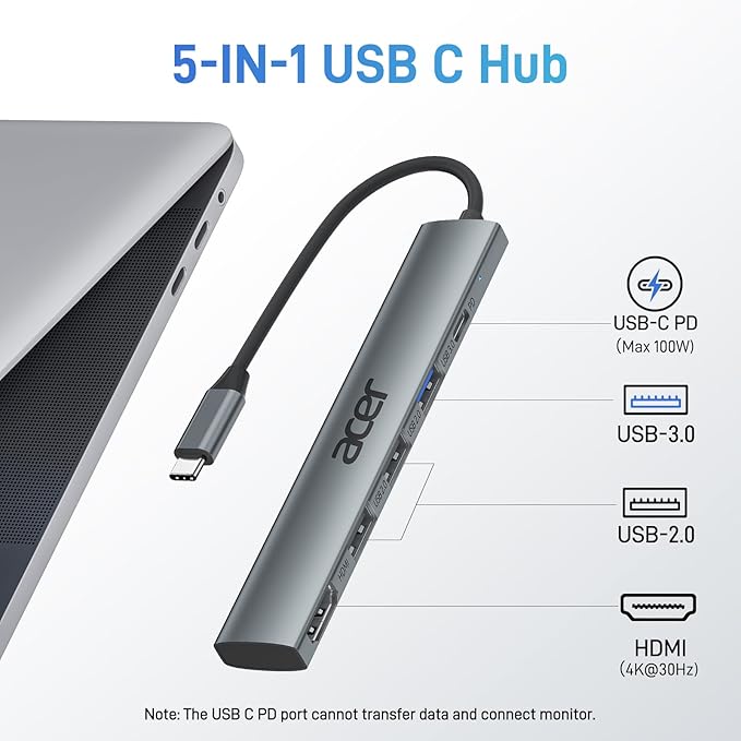Acer 5 in 1 USB C Hub with 4K HDMI, 100W Power Delivery, 3 USB A Data Ports, USB C to HDMI Multiport Adapter for Laptop, PC, Tablet, MacBook Neo/Pro/Air, iPad Pro/Air, iMac, iPhone 17/16/15