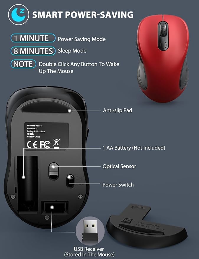 Trueque Wireless Mouse for Laptop, 2.4GHz Ergonomic Computer Mouse with Back & Forward Buttons, 3 Adjustable DPI Levels, 6 Buttons, Optical USB Cordless Mice for Windows PC, M01 (Red)