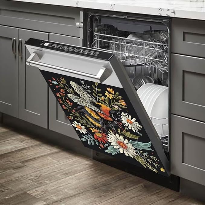 Flower and Bee Pattern Dishwasher Magnet Cover Sticker,Refrigerator Magnet Cover Decal Fridge Magnetic Stickers Home Kitchen Decor,23W x 26H inchs