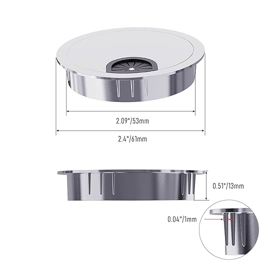 Skweawert 2 Pack Desk Grommet 2-1/8 Inch 53mm, Zinc Alloy Computer Desk Wire Hole Cover, Office Desktop Cord Cable Hole Metal Ring, Silver Tone