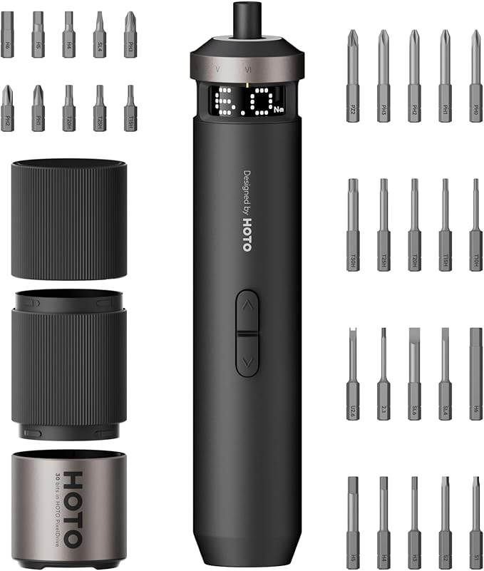 HOTO PixelDrive Electric Screwdriver, Smart Display, 6 Torque Settings, 0.5 to 6 N·m, 1/4'' Hex 30 Bits, LED Light, 2000 mAh Rechargeable Cordless Screwdriver Set for Electronics, Gadgets for Men