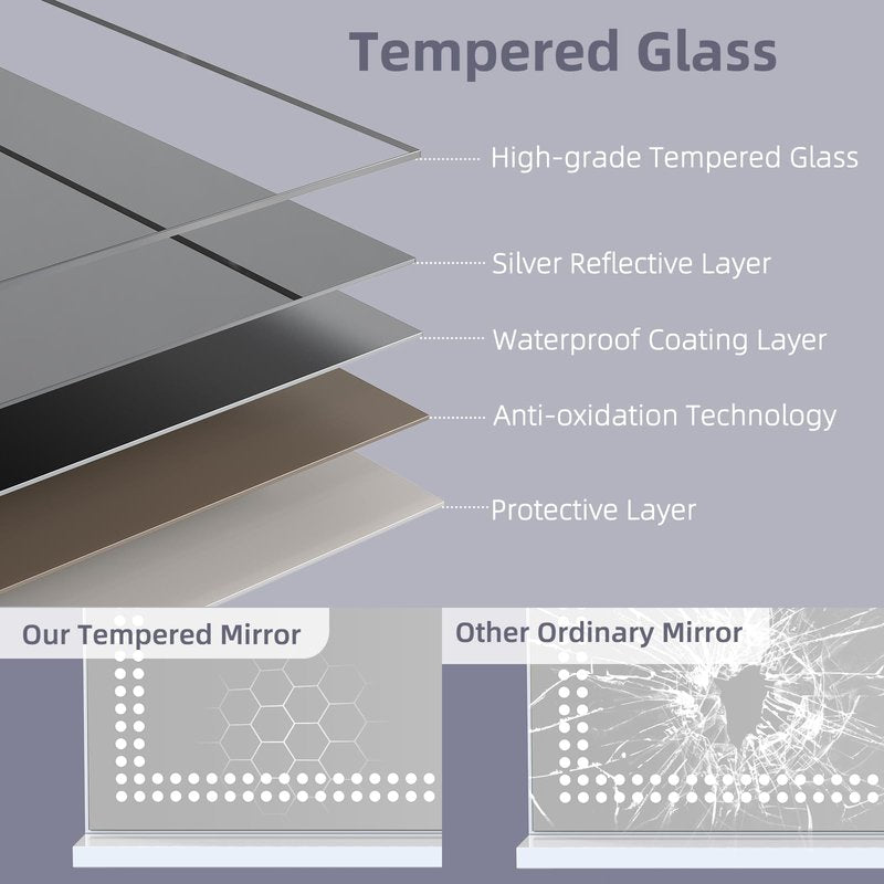 Vanity Mirror with Lights Tempered Glass 22.8" x 18.1" Lighted Makeup Mirror with Light Strip Crushed Crystal 3 Colors Modes Dimmable Lights USB Port and 10X Magnification, White (9.84" x11.81")