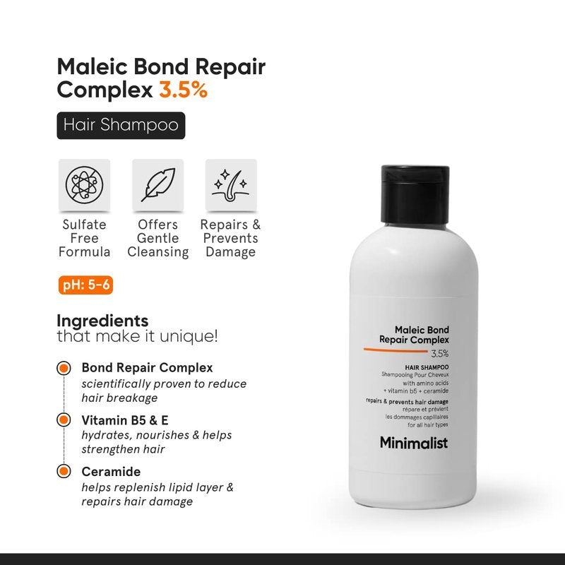 Minimalist Hair Shampoo for Dry, Damaged & Frizzy Hair | Maleic Bond Repair Complex 3.5% | With Argan Oil, Ceramides & Coconut Oil | For Women & Men | 8.5 Fl Oz / 250 ml