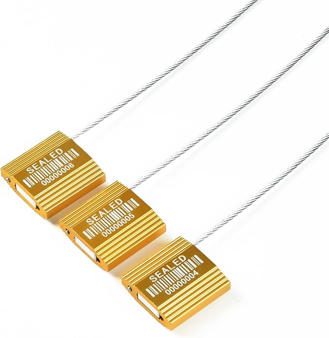 LeadSeals 100 Yellow Steel Cable Seals with Barcode, ISO 17712 Security Seals: Truck Seal, Anti-Tamper Pull Tite Tags, Self-Locking Safety Ties