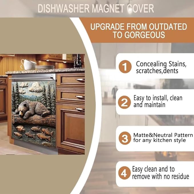 Rustic Bear and Fish Scene Kitchen Decor Dishwasher Magnet Cover Decal, 3D Embossed Wildlife Magnetic Dish Washer Panel Door Vinyl Sticker, Refrigerator Magnets,Easy to Clean, 23 x 26 inch