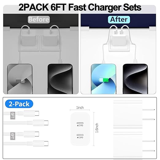 iPhone Charger Fast Charging,2Pack Dual Port USB C Fast Wall Chargers Block with 6FT USB C Cable for Apple iPhone 17e/17 Pro Max/17Pro/Air/iPhone 16Pro Max/16 Plus/16e/15/iPad Pro/Air/Mini/AirPod