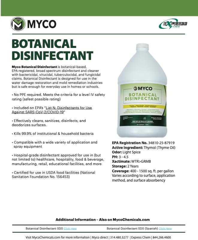 Myco Botanical Disinfectant Cleaner â Natural Plant-Based Ready-to-Use EPA-Registered Disinfectant Spray for Mold, Mildew, Germs, Bacteria & Viruses â Safe for Home & Commercial Use, 1 Gallon