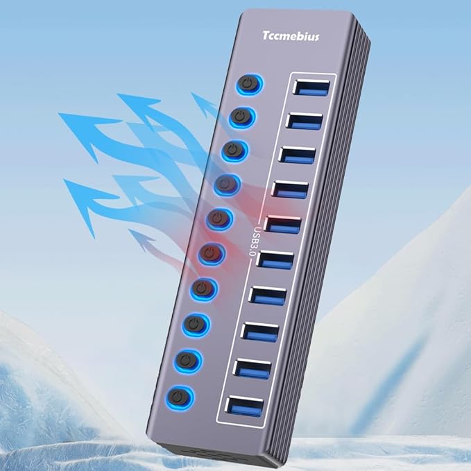 Tccmebius Powered 10-Port USB 3.0 Hub, USB C to 10 Ports USB Data Hub Splitter with Individual LED On/Off Switche, 3.3FT Cable, 12V/3A Power Adapter, for Laptop MacBook Pro/Air PC (Aluminum Gary)