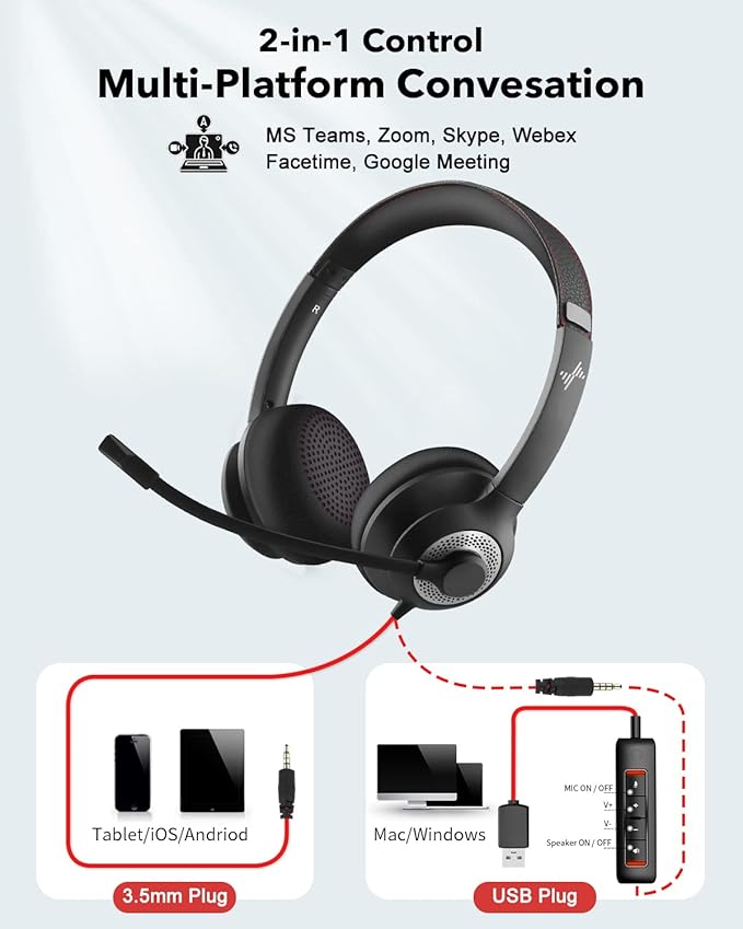 JIAMQISHI USB Headset with Microphone for PC, On-Ear Computer Laptop Headphones with Noise Cancelling Microphone in-line Control for Home Office Online Class Skype Zoom (USB+3.5mm, Black)