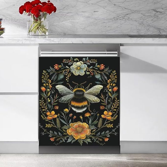 Flower and Bee Pattern Dishwasher Magnet Cover Sticekr - Kitchen Decorative Fridge Panel Decal - Kitchen Appliances Decorate Sticker - 23W x 17H inchs