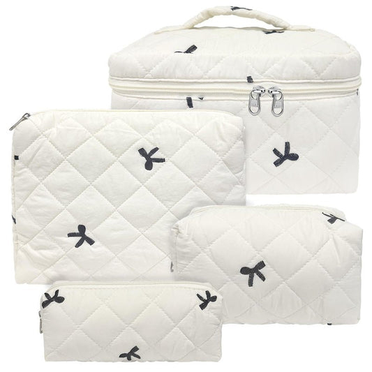 Cozomga Cute Cotton Quilted Makeup Bag Set, Large Travel Cosmetic Bag for Women, Big Make Up Bag with Toiletry Organizer, Aesthetic Storage for Daily Use & Travel