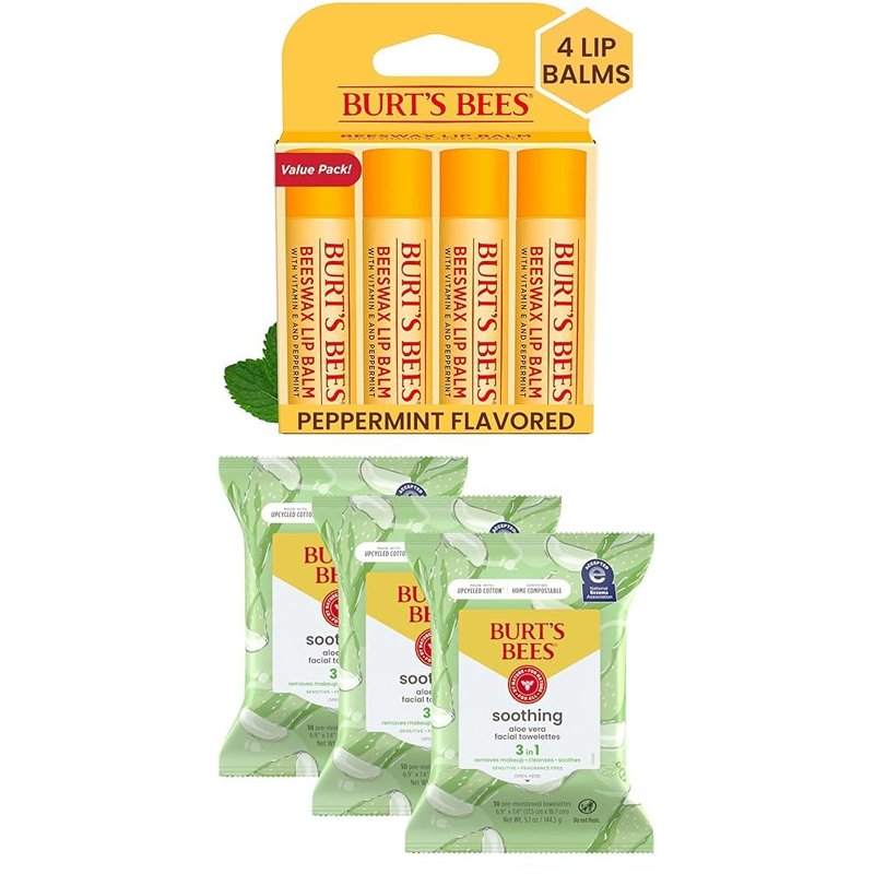 Burt's Bees Lip Balm Bundle - 4 Original Beeswax Tubes & Aloe Vera Face Wipes | Sensitive Skin Makeup Remover, 30 Ct.
