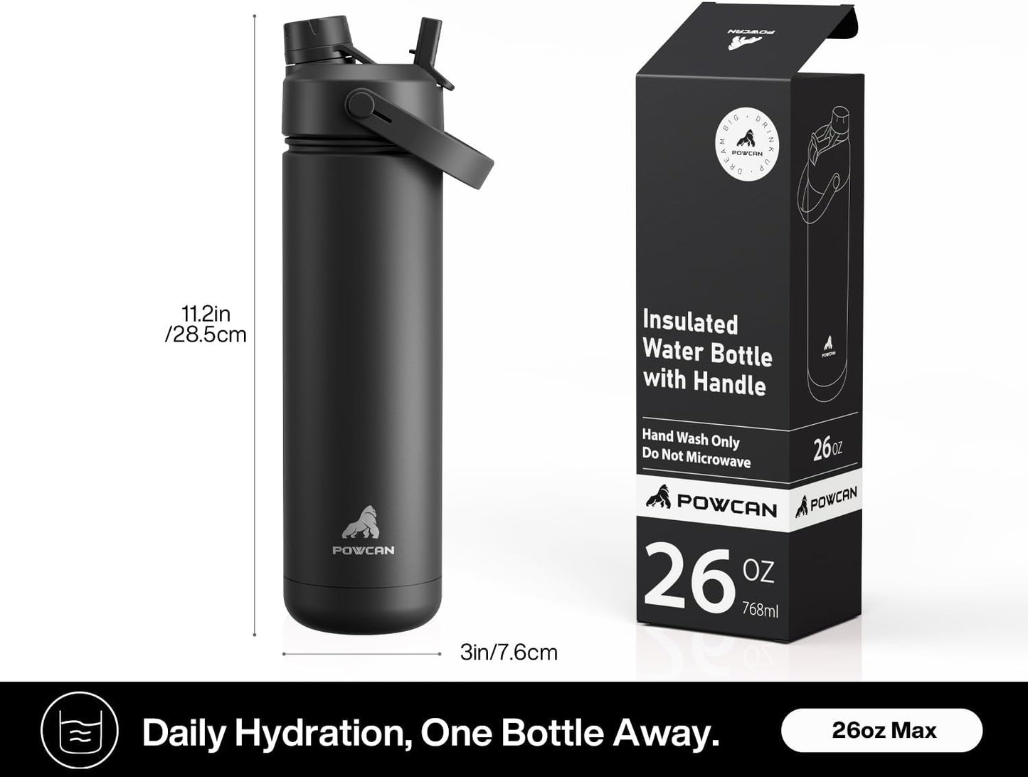 POWCAN 26 oz Insulated Water Bottle - 2-in-1 Straw & Spout Lid | Leak-Proof, Keeps Drinks Cold 24H, Dark Knight