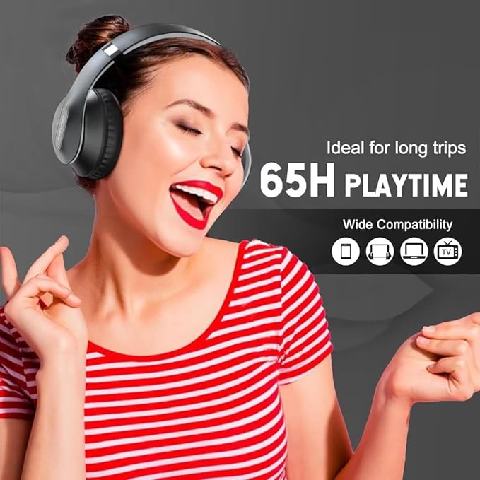 Glynzak Wireless Bluetooth Headphones Over Ear 65H Playtime HiFi Stereo Headset with Microphone and 6EQ Modes Foldable Bluetooth V6.0 Headphones for Travel Smartphone Computer Laptop
