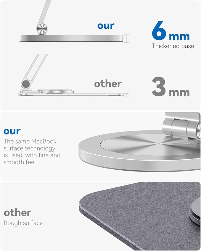 YCNEW Phone Stand for Desk, 360° Rotating Dual Adjustable Foldable Holder, Heavy Solid All-Aluminum Base Anti-Slip Stable Support for Home Office Study, Fits iPhone Galaxy 4-8" Phones (Silver)