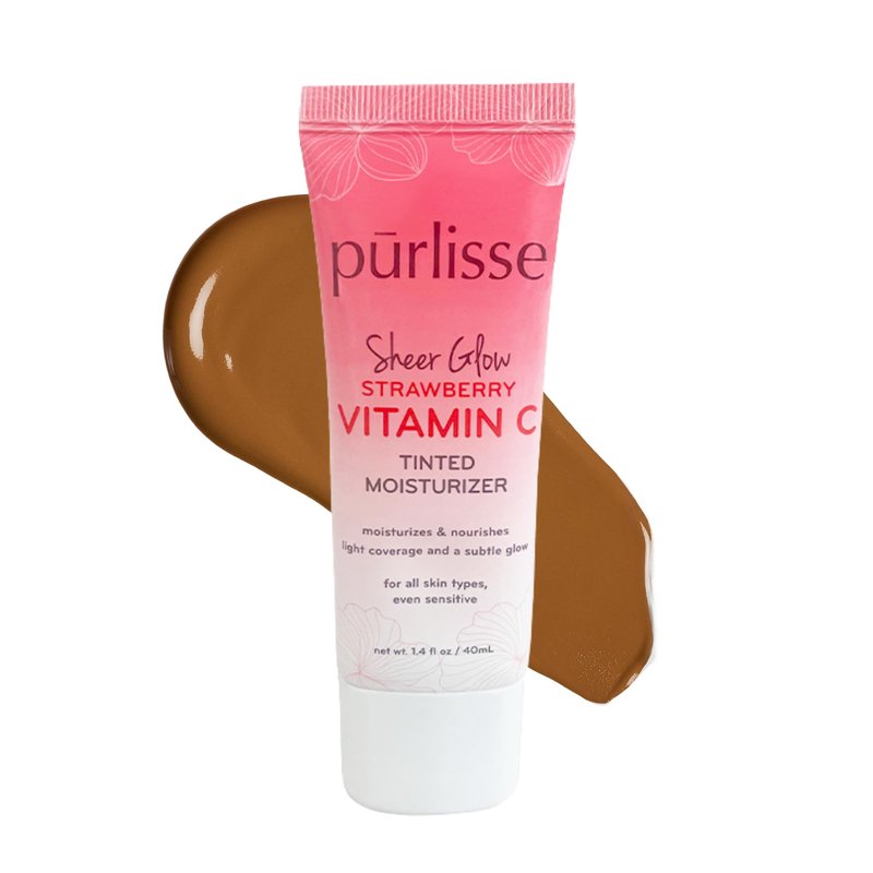 pürlisse Sheer Glow Strawberry Vitamin C Tinted Moisturizer - Skin Tint Moisturizer Enriched with Antioxidants to Even Complexion - Dewy Light Coverage for All Skin Types - Tan (1.4 oz)