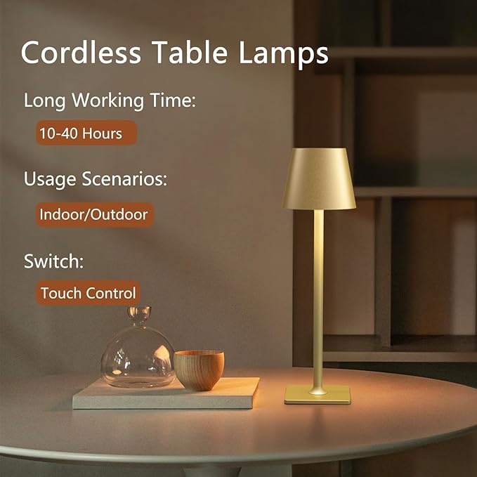 Fizrice Cordless Table Lamp, 6000mAh Battery Operated, 250LM Adjustable Brightness IP65 Height Adjustable - Set of 2 Gold Wireless Lamps for Restaurant Patio Bedside Outdoor Cafe & Home Decor