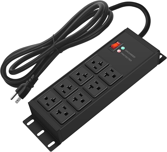 CCCEI Heavy Duty Power Strip Surge Protector 20 AMP Switch, 12 Gauge Extension Cord with Multiple Outlets, Industrial, Shop, Garage High Amp Wall Mount Electric Extender. 10FT, Black.