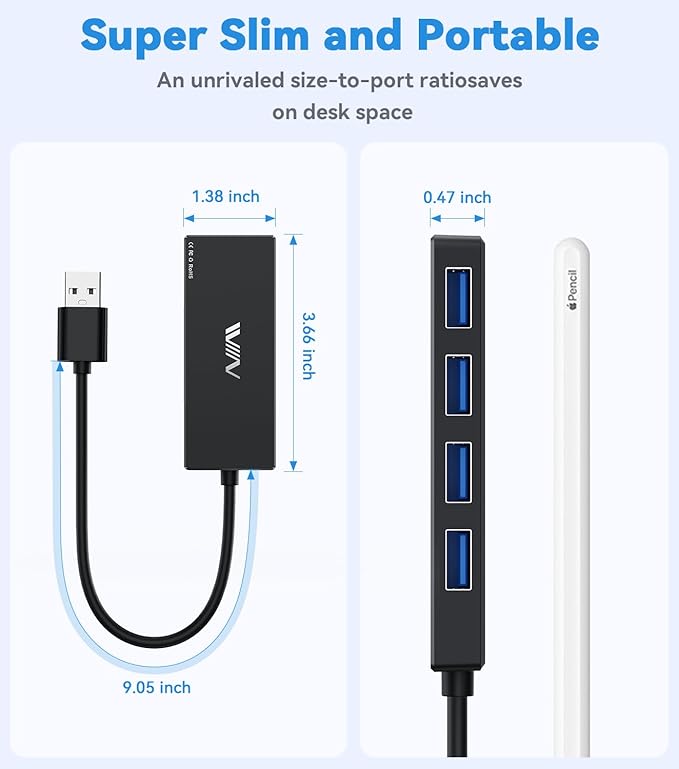 IVIIN USB 3.0 Hub, 4 Port USB Hub Splitter, USB A Expander Portable USB Adapter Multiport Data Hub for Laptop, iMac Pro, MacBook Air, Mac mini/Pro, Surface Pro, USB Flash Drives, and Mobile HDD-Black