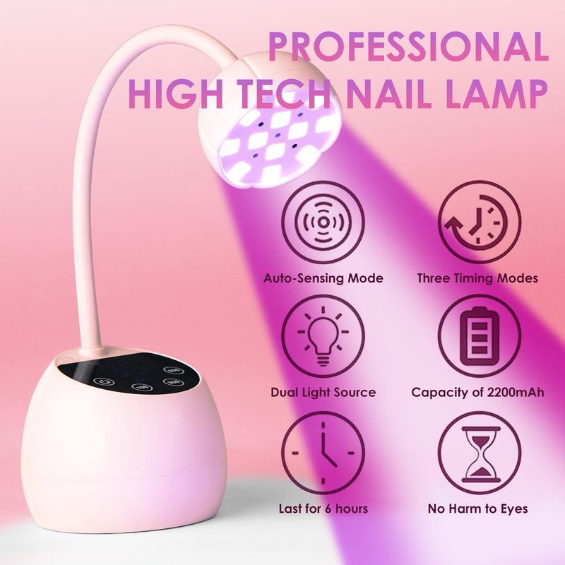BORNBYME UV Nail Lamp for Gel Nails, 36W UV Nail Light Gooseneck Rechargeable with 4 Time Setting & Smart Auto Sensor for Nail Salon Home Use Lamp,Pink