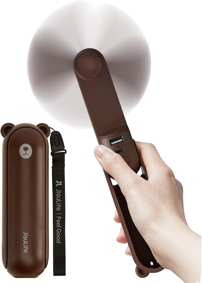 JISULIFE Handheld Fan 8 Plus: All-in-One Mini Fan with 37Hrs Cooling & 4500mAh PowerBank & Flashlight, USB Rechargeable, Portable Pocket Size for Travel, Makeup, Concert, Gifts for Women(Brown)