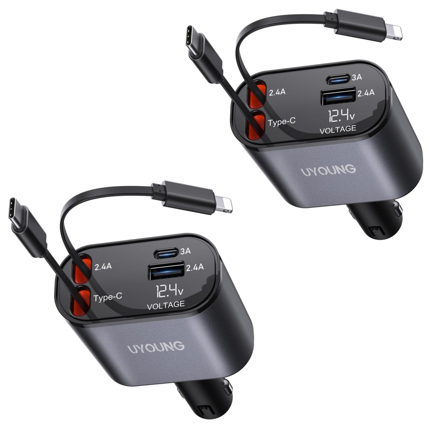 Car Phone Charger Adapter 2Pack Retractable Car Charger 4in1 Fast Charging Dual Retractable Cables 31.5 Inch Multiple Ports Charging Station Compatible with iPhone 17/16/15/14/13/12/11 Pro Max/Samsung