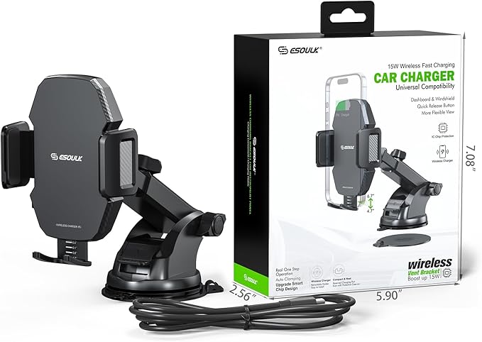 Esoulk Wireless Car Charger Phone Mount, 15W Fast Charging Car Mount Charger with Auto Clamping, Car Charger Phone Holder for iPhone, Wireless Charger Car Mount for Dashboard & Windshield