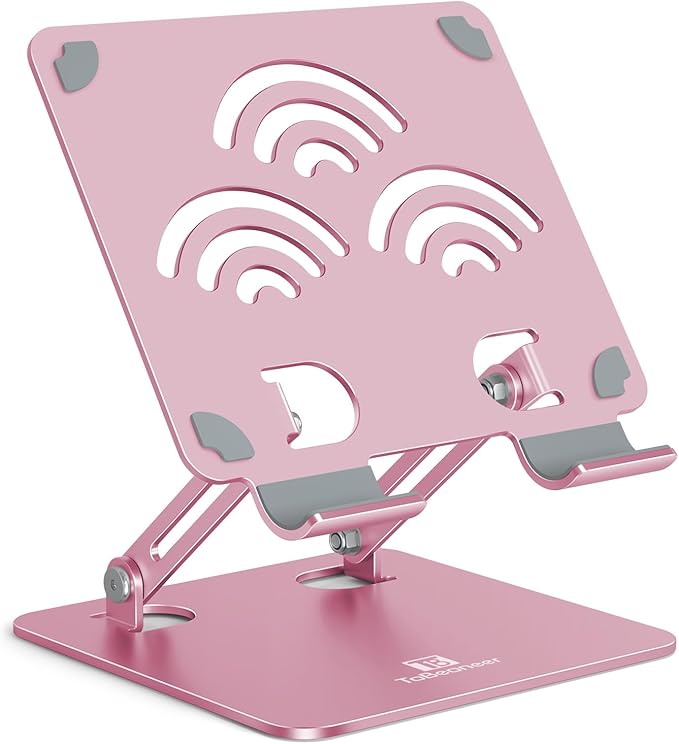 ToBeoneer Adjustable Tablet Stand for Desk, Premium Aluminum Holder for iPads, Tablets, Kindles, Switch, Phones, and All Devices up to 12 Inches. Portable and Foldable, Pink, Pro Size