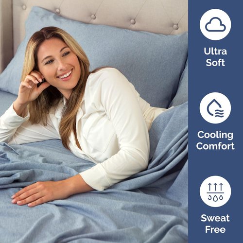 Flex Top Split Head King 4 Piece Sheet Set - Comfy Breathable & Cooling Bed Sheets Set - Hotel Luxury Bedding for Women, Men, Kids, Teens, Boys & Girls - Deep Pockets, Soft, Oeko-Tex - Heathered Blue