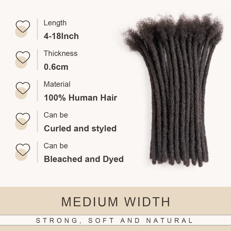 Real Human Hair Dreadlock Extensions - 16 Inch, 10 Strands, Soft & Dyeable | 0.6cm Thickness