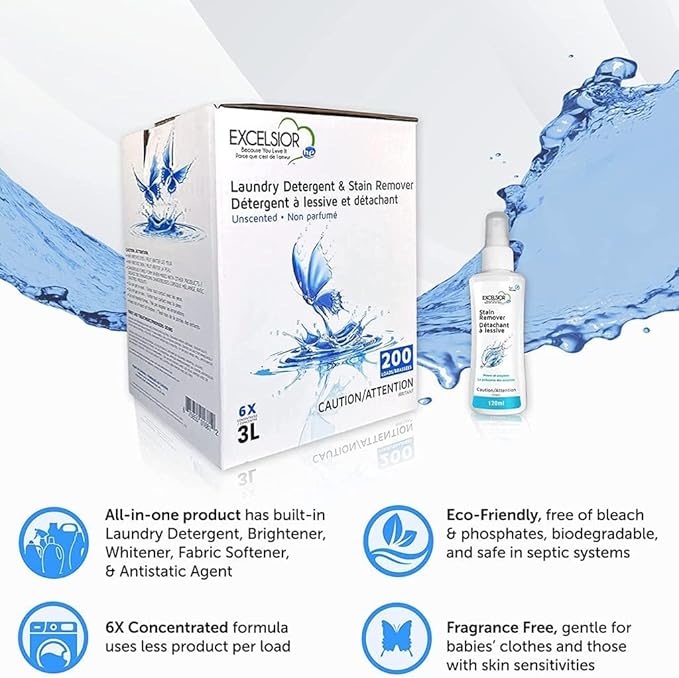 Excelsior - Laundry Detergent with Eco Bottle- Concentrated Liquid - Unscented, Biodegradable, Solvent, and Phosphate Free 3 Liter (2, New Packaging)