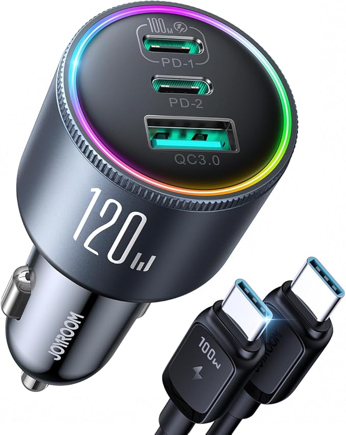 JOYROOM 175W Super Fast Car Charger [GaN] 3-Port Car Charger USB C Fast Charge with USB-C Cable, Car Cigarette Lighter USB Charger for iPhone 17/16/15, Samsung S26/25, Pixel 10, MacBook, iPad and More