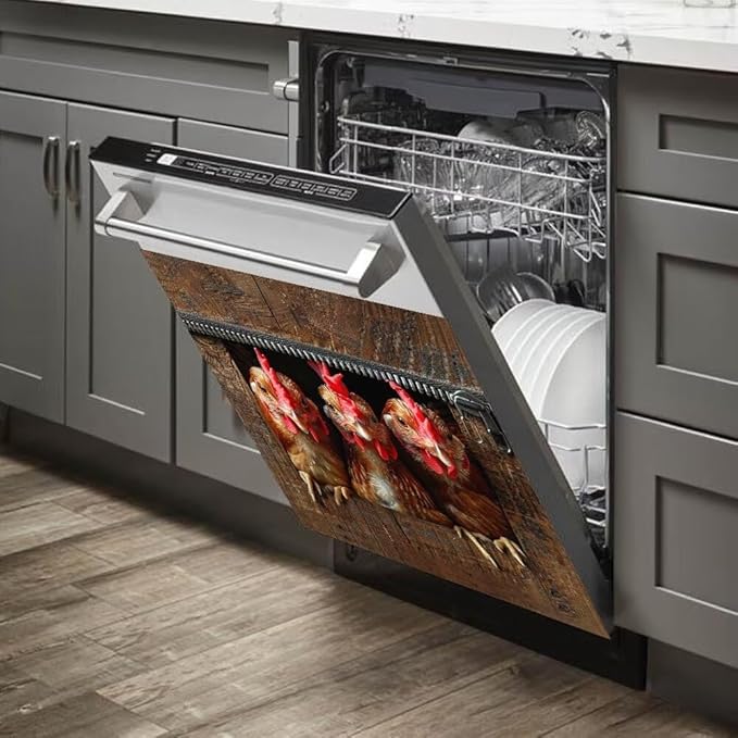 Wood Board and Rooster Wallpaper Dishwasher Magnet Cover Sticker Magnetic Refrigerator Panel Sticker Decorative Front Door Decal 23W x 26H inchs
