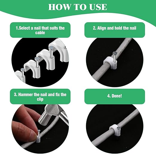 Yauhar 800Pcs 4mm 6mm 8mm 10mm J-Hook Ethernet Cable Nails Wire Clips with Steel Nails and 5/8" 3/4" 1/2" 1" Insulated U Staple Nail for Home Office Business