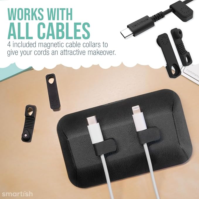 Smartish® Magnetic Cord Holder - Bigger Cable Wrangler Organizer with Magnet Clips for Charger Management on Desktop, Nightstand - Holds 6+ Cables - Black Tie Affair