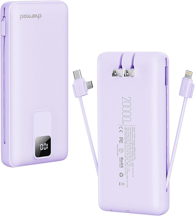 Charmast Portable Charger with Built-in Cables and Wall Plug, 20000mAh 20W USB C Power Bank Fast Charging Battery Pack Travel Essentials Compatible with iPhone 16/15/14/13 Series, Samsung Google iPad