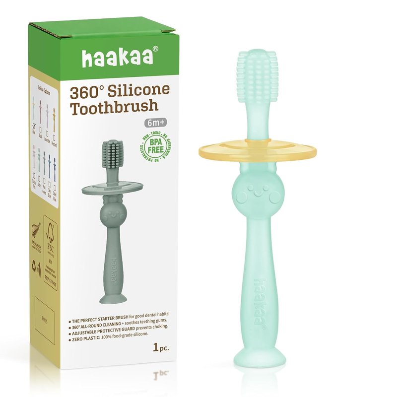Haakaa 360° Baby Toothbrush - Food-Grade Silicone for Gentle Self-Brushing Training | Adjustable Safety Shield - Blue