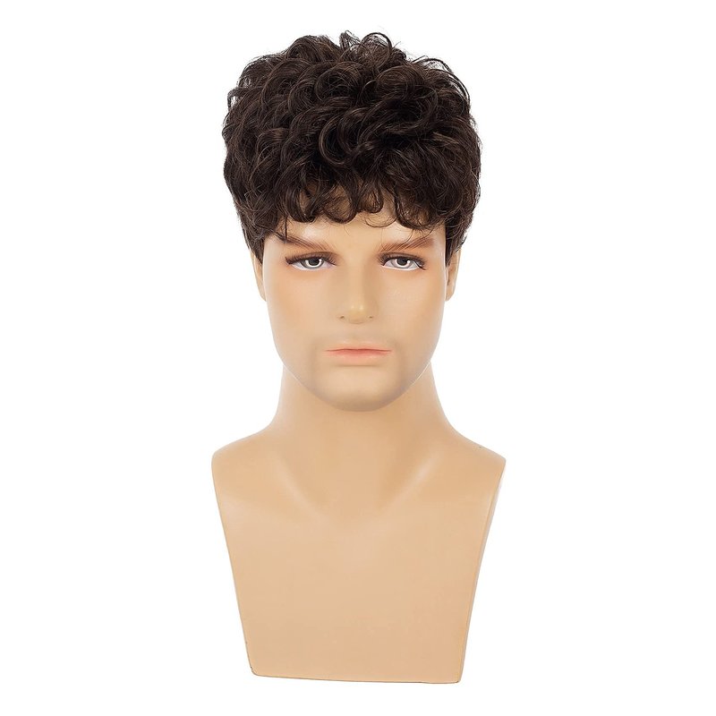 Swiking Men Brown Short Wigs Curly Fluffy Natural Synthetic Hair with Bangs Halloween Daily Full Wig for Male Guy
