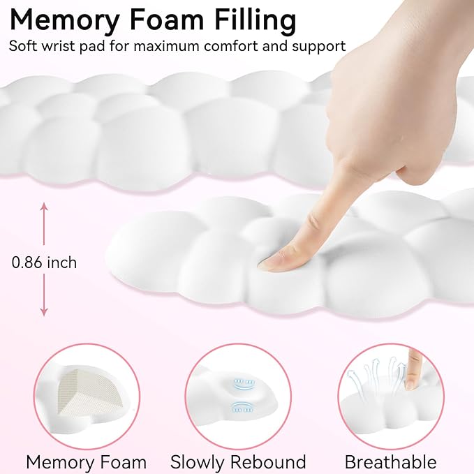 Sushret Cloud Wrist Rest for Computer Keyboard, 4-in-1 Memory Foam Leather Cloud Keyboard Wrist Rest and Mouse Pad Set with Ergonomic Support for Arm and Palm Cushion, Gaming/Work Setup, White