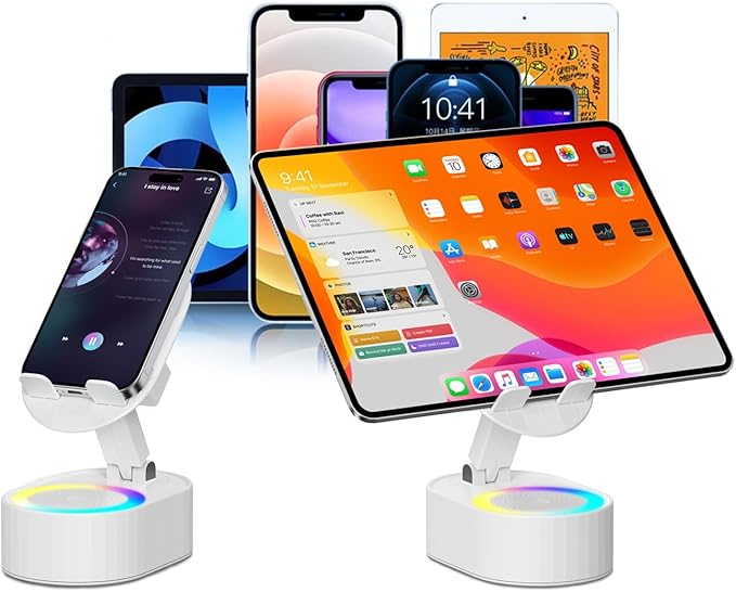 AKLLCCR Wireless Induction Audio Bluetooth Speaker 5in1 Phone Holder Emergency Rechargeable (3000mAh) with Colorful Ambient Light 300° Foldable for Tablet iPhone Android, Gifts for Men Women (White)
