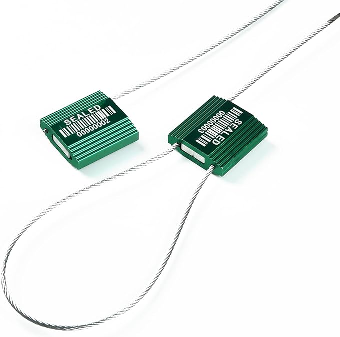 LeadSeals 50 Green High Security Cable Seals with Barcode Pull Tight Numbered Steel Security Seals Metal Container Seals Anti-Tamper Shipping Self-Locking Tags for Logisitics ISO 17712 Certificated