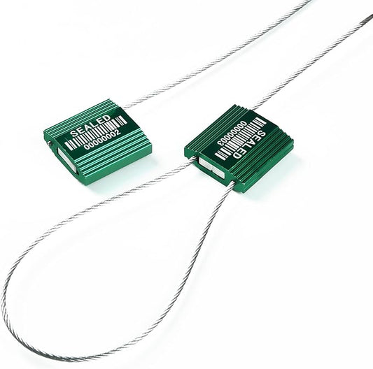 LeadSeals 100 Green Steel Cable Seals With Barcode - High Security Numbered Truck Anti-Tamper Pull Tite Tags - Metal Container Shipping Self-Locking Safety Ties ISO 17712