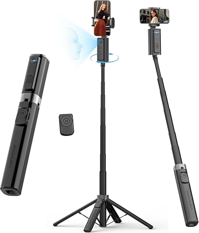 AOCHUAN Auto Face TrackingTripod, w/Gesture Control for iPhone,Extendable Pole, 360° Rotating Selfie Stick,Wireless Remote,Video Recording 4-Leg Stable & Portable Tripod