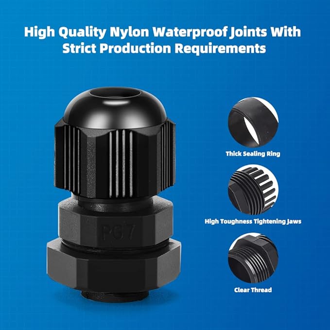 CGELE Cable Gland 20 Pack Plastic Waterproof Adjustable Connector 3-7mm PG7 Strain Relief Cord Connectors Joints Nylon with Gaskets