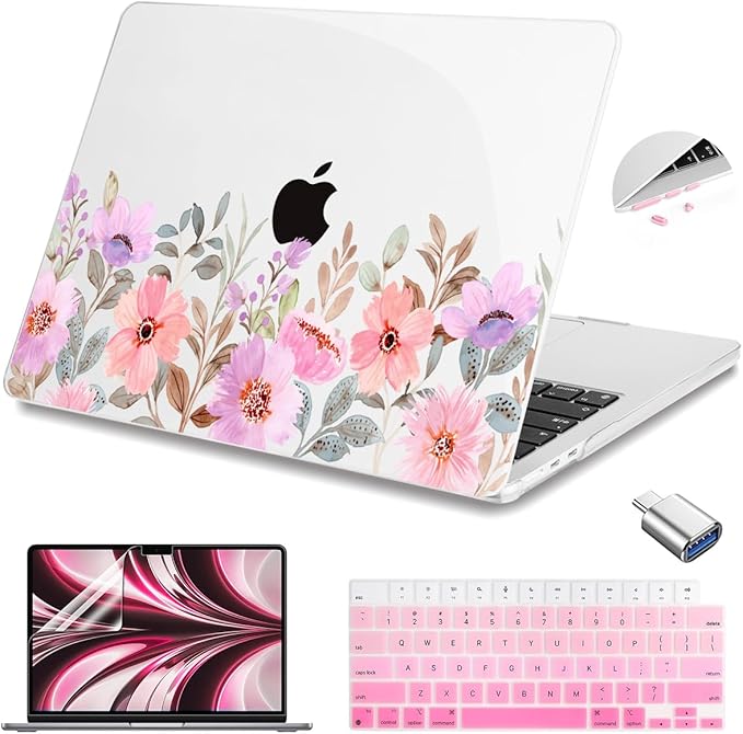 Teryeefi for MacBook Air M5 M4 M3 M2 13 inch Case 2026 2025 2024 2022 Release fits Model A3449 A3240 A3113 A2681, Hard Shell Case with Keyboard Cover+Screen Protector, Pink Flower Garden-A