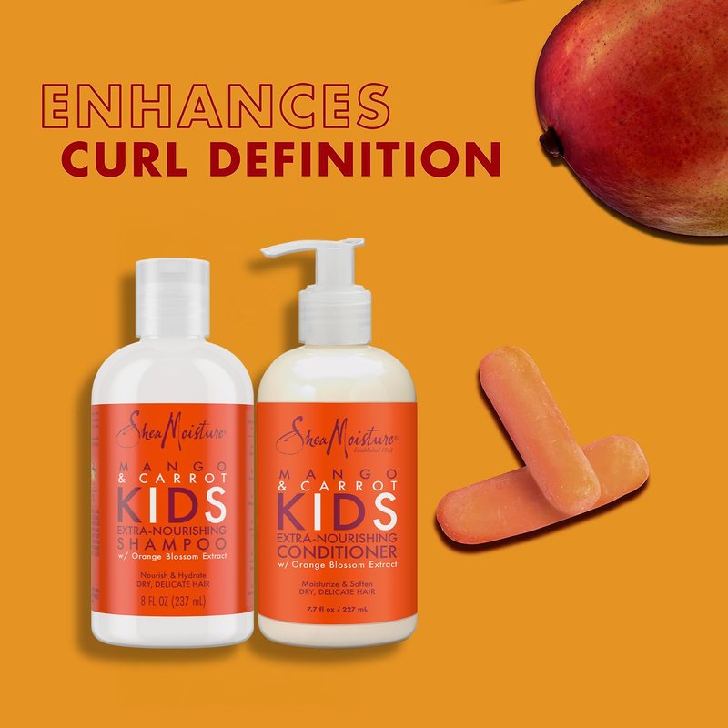 SheaMoisture Kids Mango & Carrot Shampoo and Conditioner Set w/Orange Blossom Extract + Coconut & Hibiscus Extra-Moisturizing Detangler Spray, Anti-Frizz Hair Products for Kids