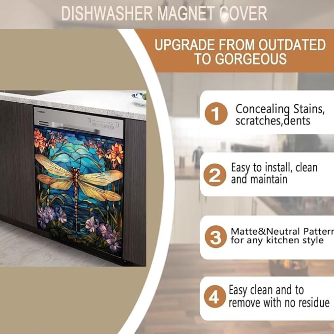 Dragonfly Dishwasher Cover Stained Glass Window Home Appliance Panel Decal, Stained Glass Dragonfly Refrigerator Cover Panels (23" W x 26" H Ordinary)