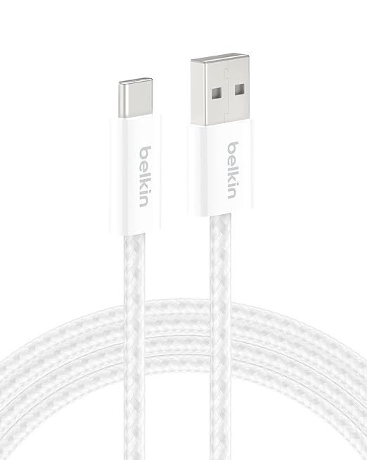 Belkin USB A to USB C Cable, 6.6ft, 15W - Type C Charger, iPhone Charger Cord, Soft, Braided, Flexible for iPhone 17 & 16, Galaxy S26, Pixel 10, iPad Pro, Airpods Pro, Switch & More - White