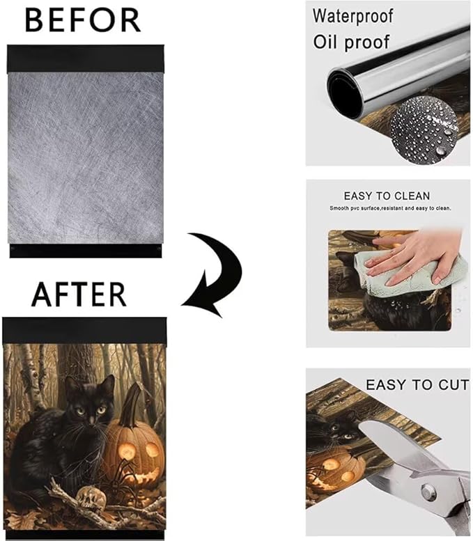 Generic Black Cat & Pumpkin Dishwasher Face Cover, Decorative Happy Halloween Stickers - Skull, Forest Fridge Door Cover, 23Wx26H